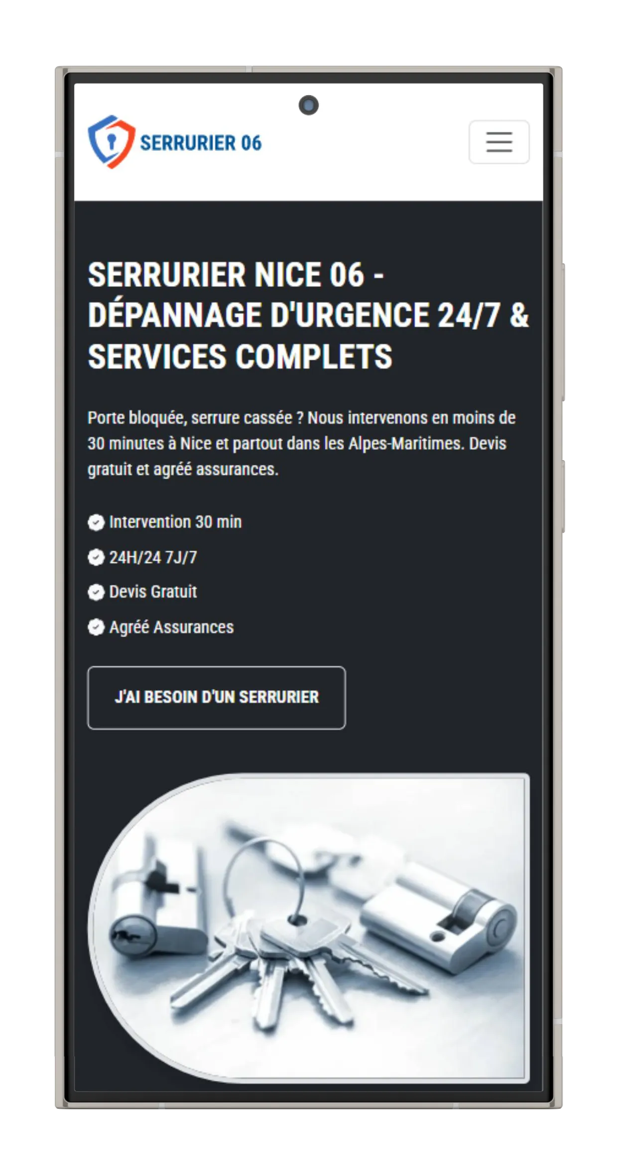Capture d'écran du site Dépannage Serrurier 06 sur mobile