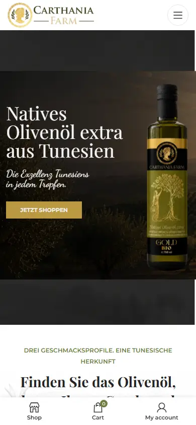 Page d'accueil mobile de Carthania Farm avec le menu, le panier et les premiers contenus de présentation