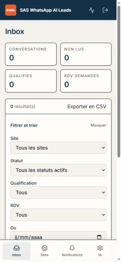 Inbox mobile du dashboard de gestion des leads WhatsApp de Solutions Après Sinistre