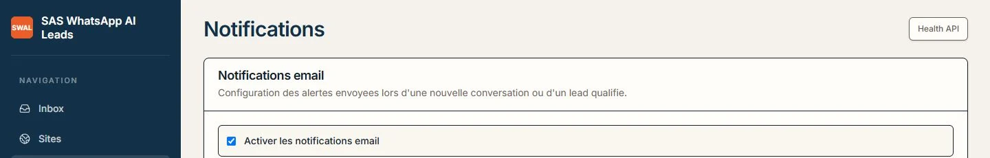En-tête de l'écran de configuration des notifications email du dashboard