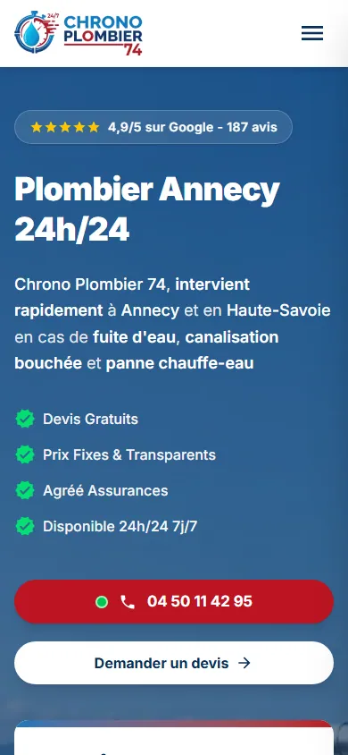 Page d'accueil de Chrono Plombier 74 affichée sur mobile