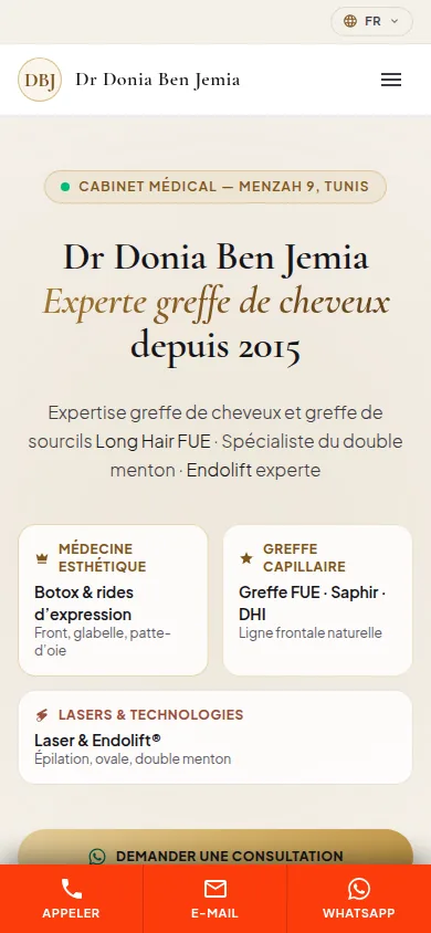 Page d'accueil mobile du site du Dr Donia Ben Jemia avec le menu, les pôles de soins et la demande de consultation
