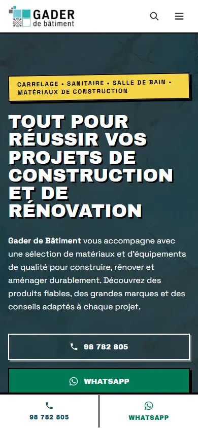 Page d'accueil de Gader de Bâtiment affichée sur mobile