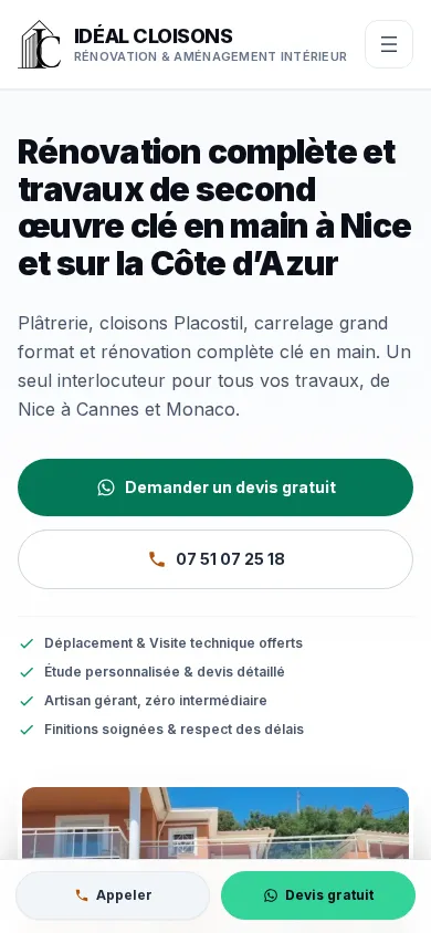 Page d'accueil mobile du site Idéal Cloisons avec les appels à la demande de devis et au téléphone