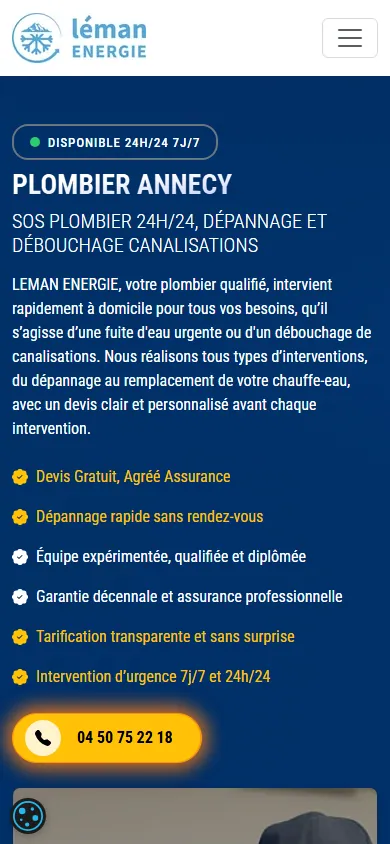 Page d'accueil de Leman Énergie affichée sur mobile