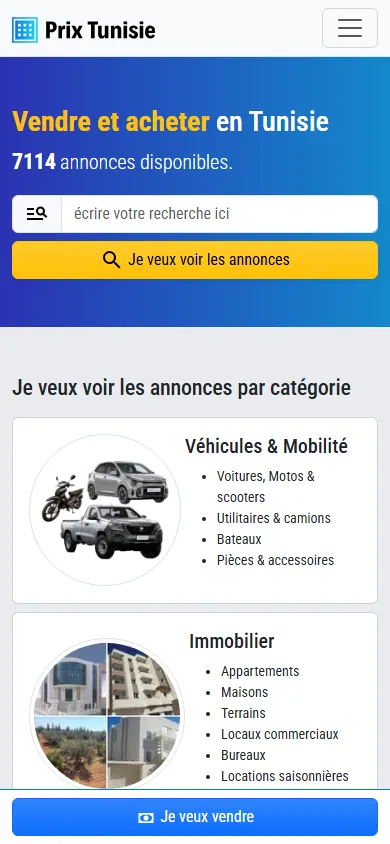 Page d'accueil de Prix Tunisie affichée sur mobile