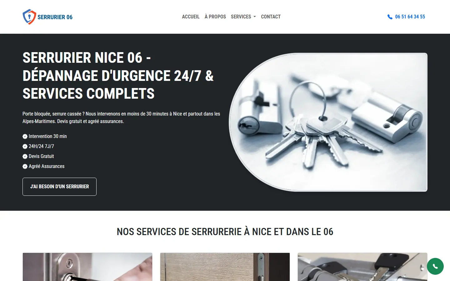 Capture desktop de la page d'accueil de Serrurier 06