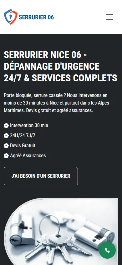Page d'accueil de Serrurier 06 affichée sur mobile