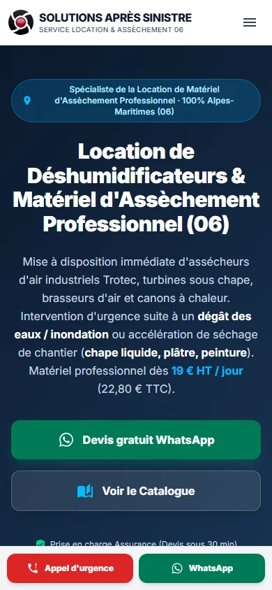 Page d'accueil mobile du service location de Solutions Après Sinistre avec les CTA appel d'urgence et réservation