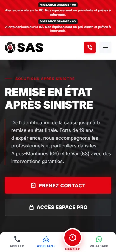Page d'accueil de Solutions Après Sinistre affichée sur mobile