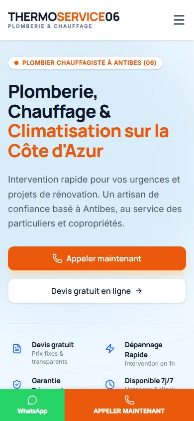 Page d'accueil de Thermo Service 06 affichée sur mobile